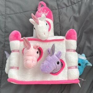 Unipak Plush Unicorn Castle with Five (5) Stuffed Animal Unicorns. Like new!